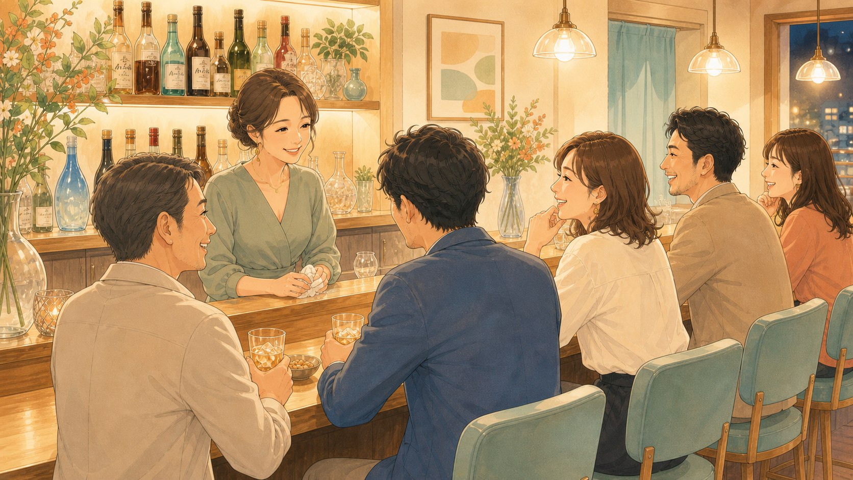 カウンターで会話を楽しむ30代から40代の男女