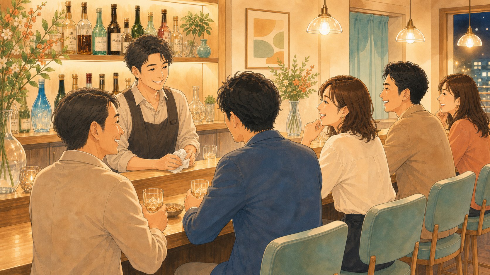カウンターで会話を楽しむお客様とスタッフ